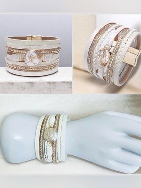 White Boho Multi-Layered Faux Pearl & Rhinestone Wrap Bracelet